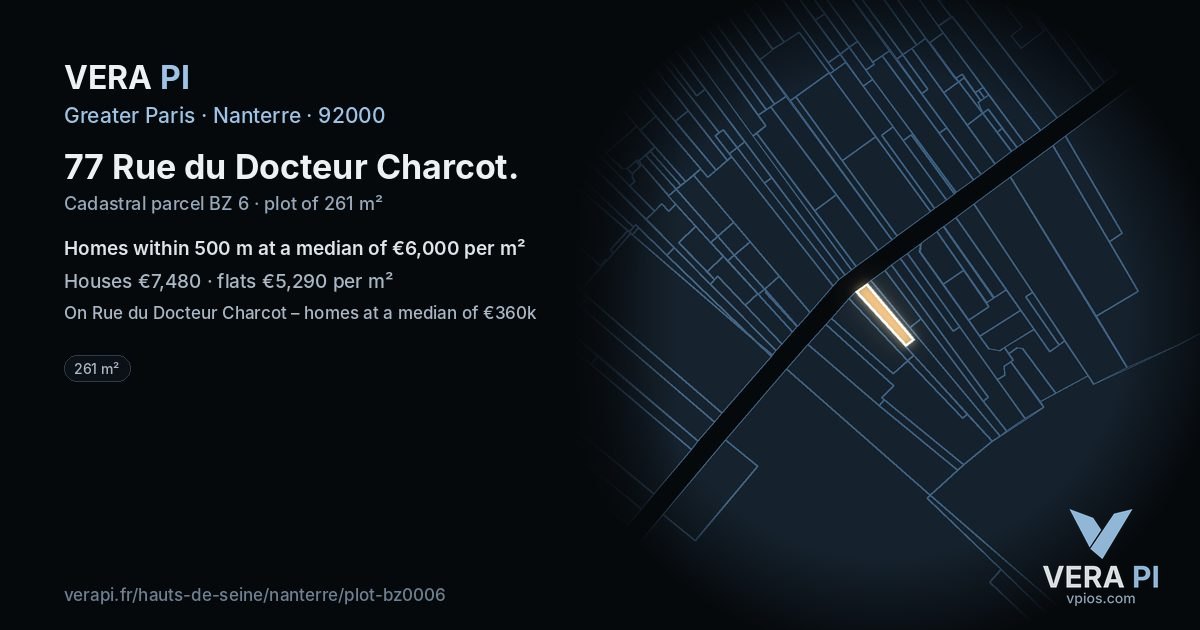 77 Rue du Docteur Charcot, Nanterre at night – the plot lit, the parcels around coloured by the prices near them