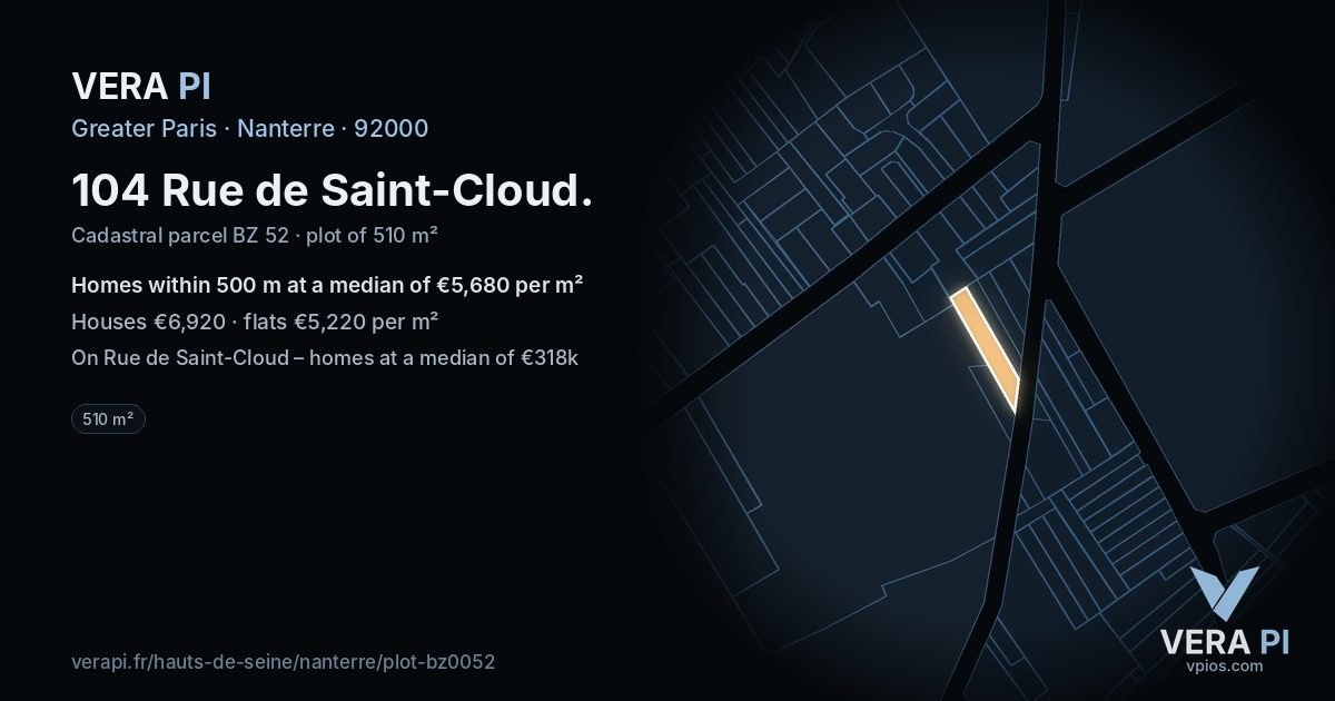 104 Rue de Saint-Cloud, Nanterre at night – the plot lit, the parcels around coloured by the prices near them