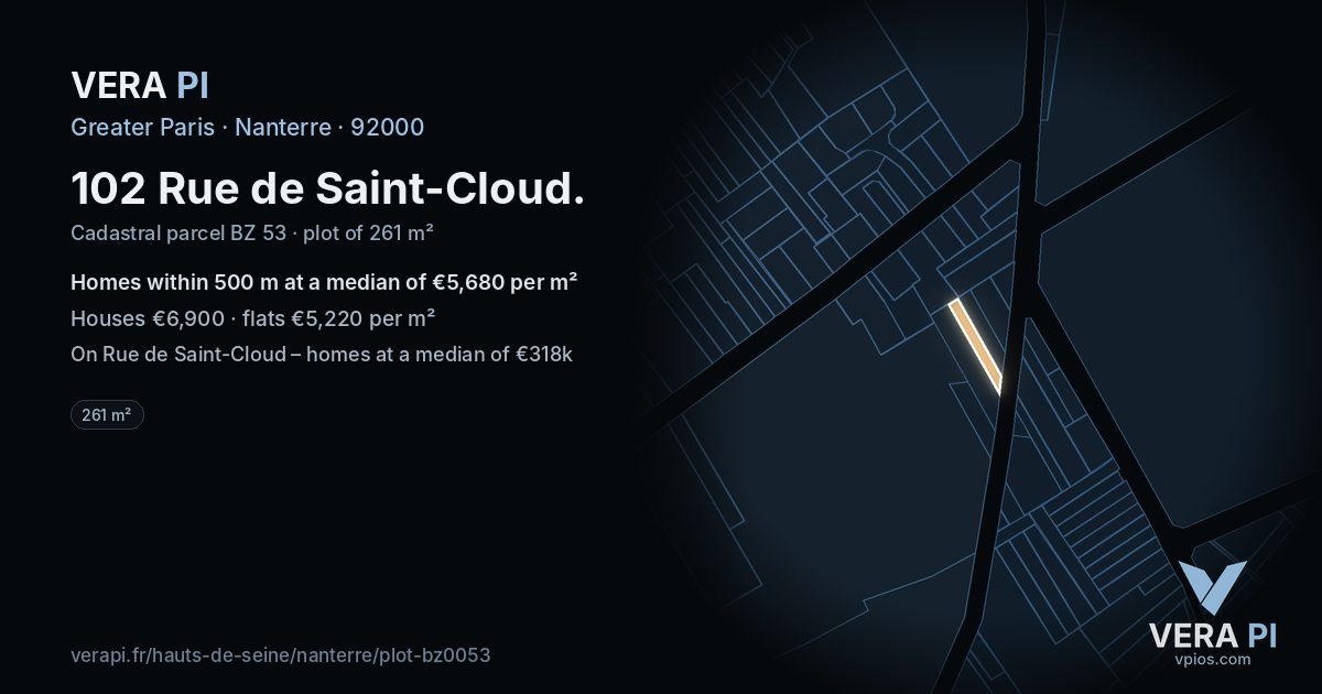 102 Rue de Saint-Cloud, Nanterre at night – the plot lit, the parcels around coloured by the prices near them