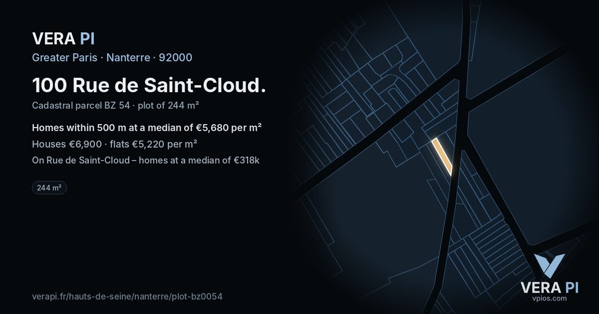 100 Rue de Saint-Cloud, Nanterre at night – the plot lit, the parcels around coloured by the prices near them