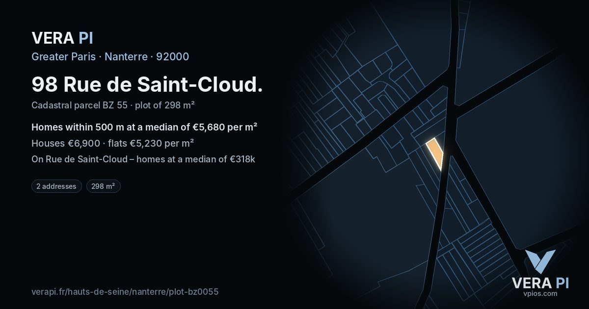 98 Rue de Saint-Cloud, Nanterre at night – the plot lit, the parcels around coloured by the prices near them