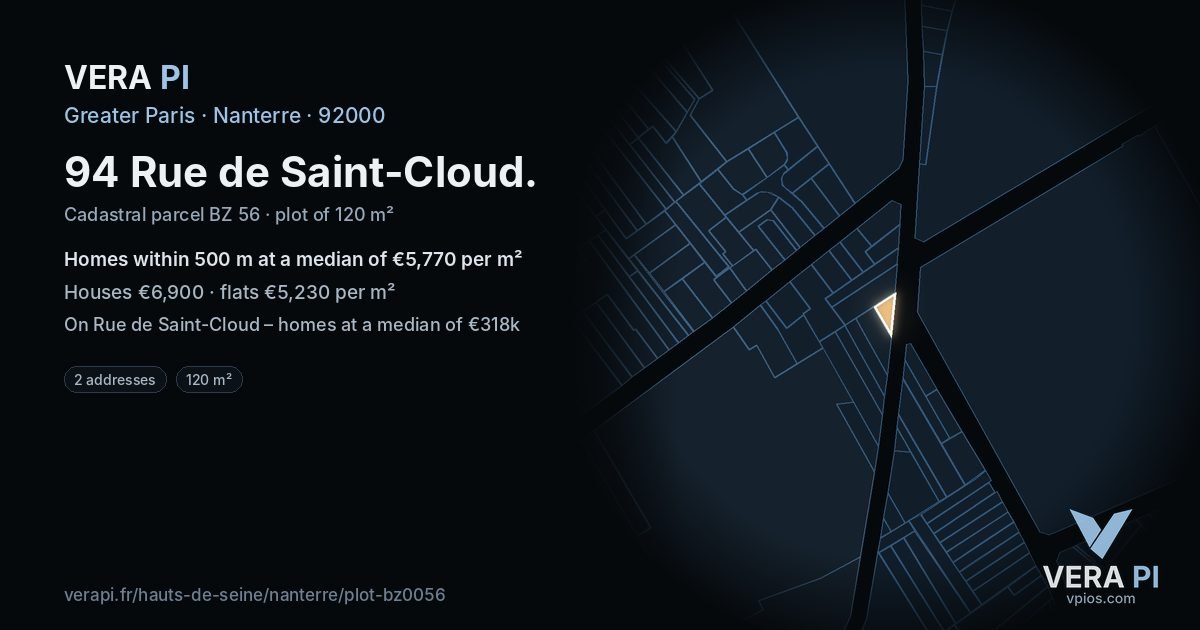 94 Rue de Saint-Cloud, Nanterre at night – the plot lit, the parcels around coloured by the prices near them
