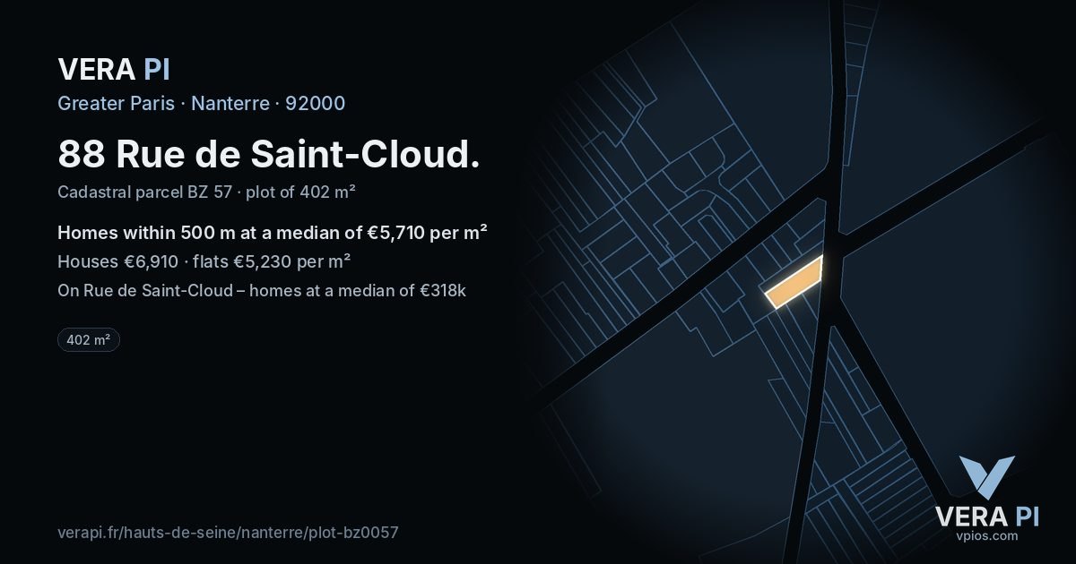 88 Rue de Saint-Cloud, Nanterre at night – the plot lit, the parcels around coloured by the prices near them
