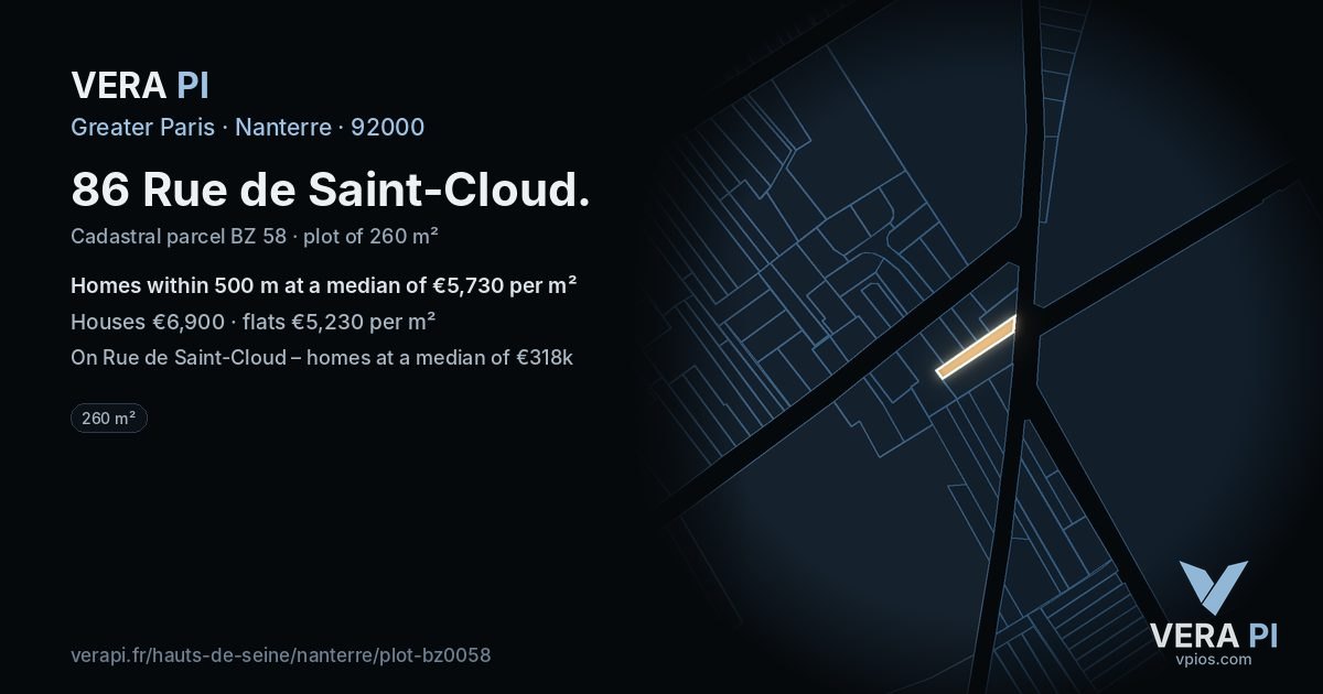 86 Rue de Saint-Cloud, Nanterre at night – the plot lit, the parcels around coloured by the prices near them