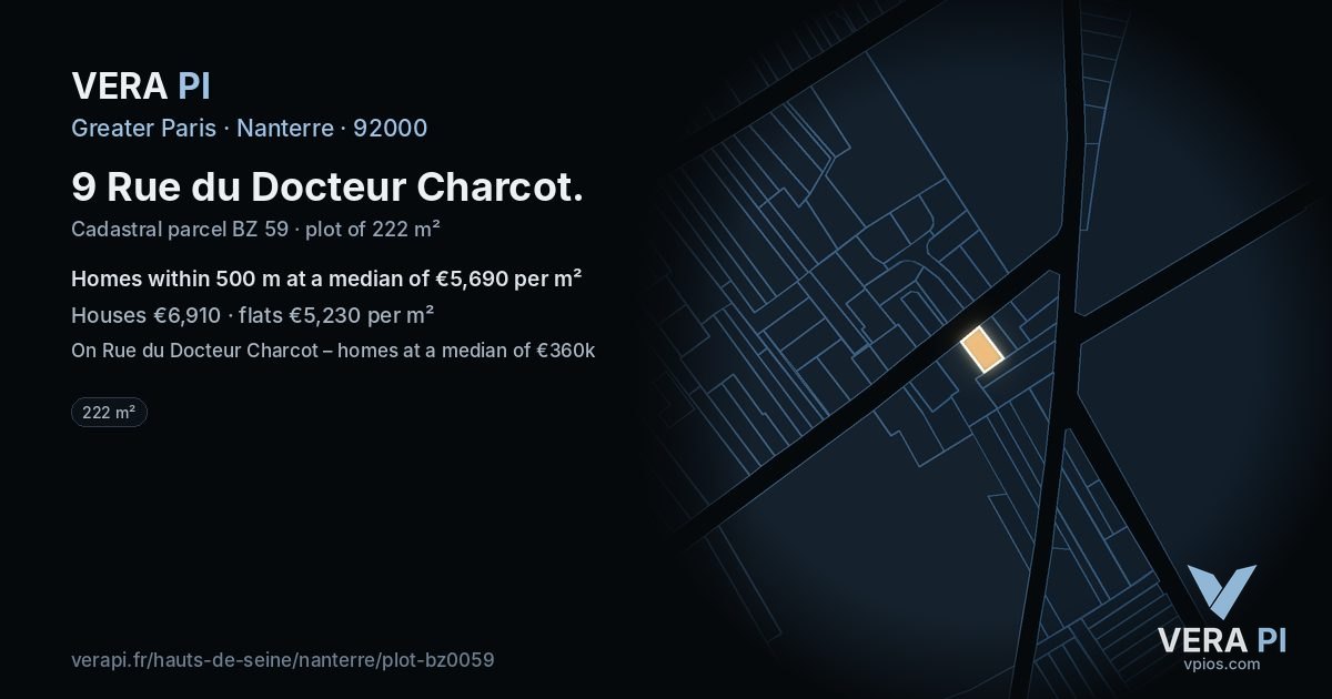 9 Rue du Docteur Charcot, Nanterre at night – the plot lit, the parcels around coloured by the prices near them