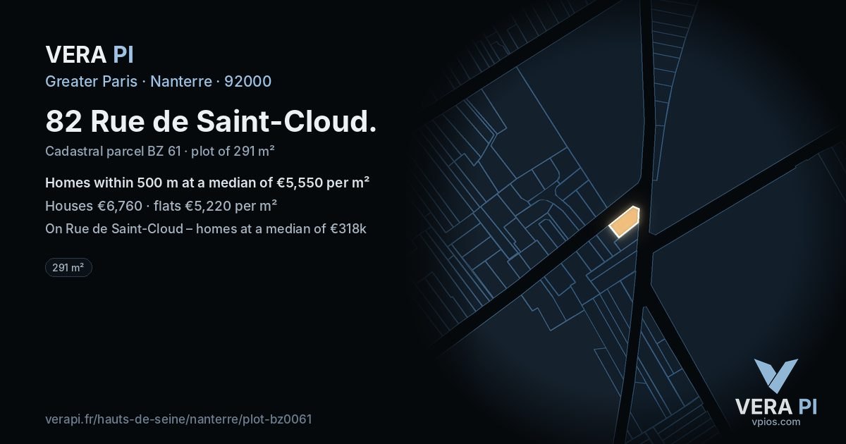 82 Rue de Saint-Cloud, Nanterre at night – the plot lit, the parcels around coloured by the prices near them
