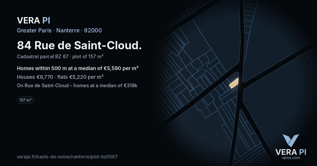 84 Rue de Saint-Cloud, Nanterre at night – the plot lit, the parcels around coloured by the prices near them