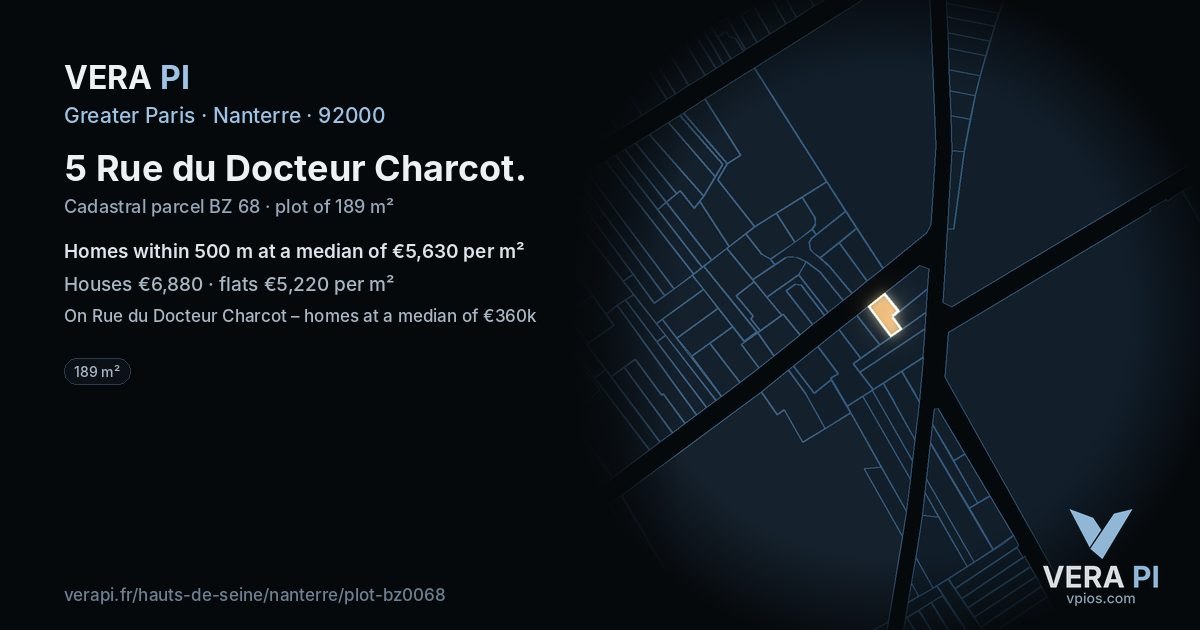 5 Rue du Docteur Charcot, Nanterre at night – the plot lit, the parcels around coloured by the prices near them