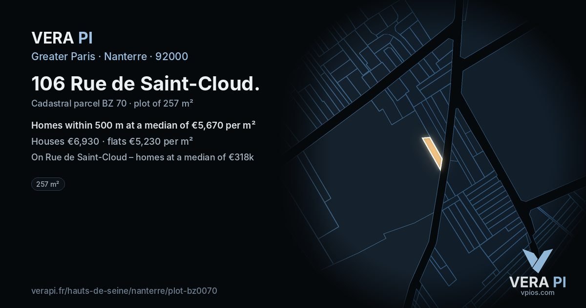 106 Rue de Saint-Cloud, Nanterre at night – the plot lit, the parcels around coloured by the prices near them