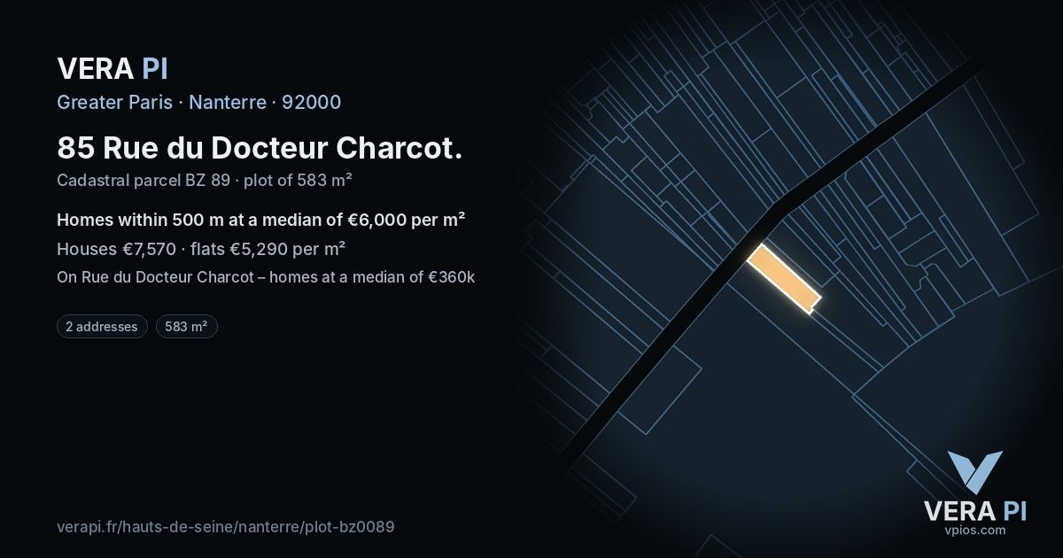 85 Rue du Docteur Charcot, Nanterre at night – the plot lit, the parcels around coloured by the prices near them