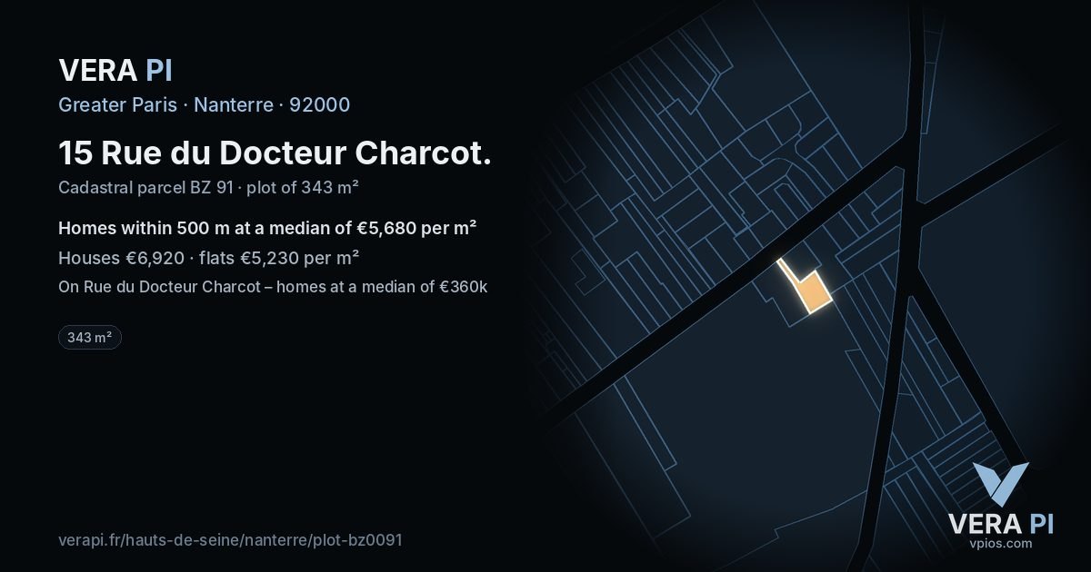 15 Rue du Docteur Charcot, Nanterre at night – the plot lit, the parcels around coloured by the prices near them
