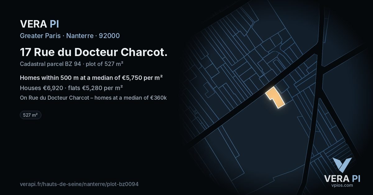 17 Rue du Docteur Charcot, Nanterre at night – the plot lit, the parcels around coloured by the prices near them