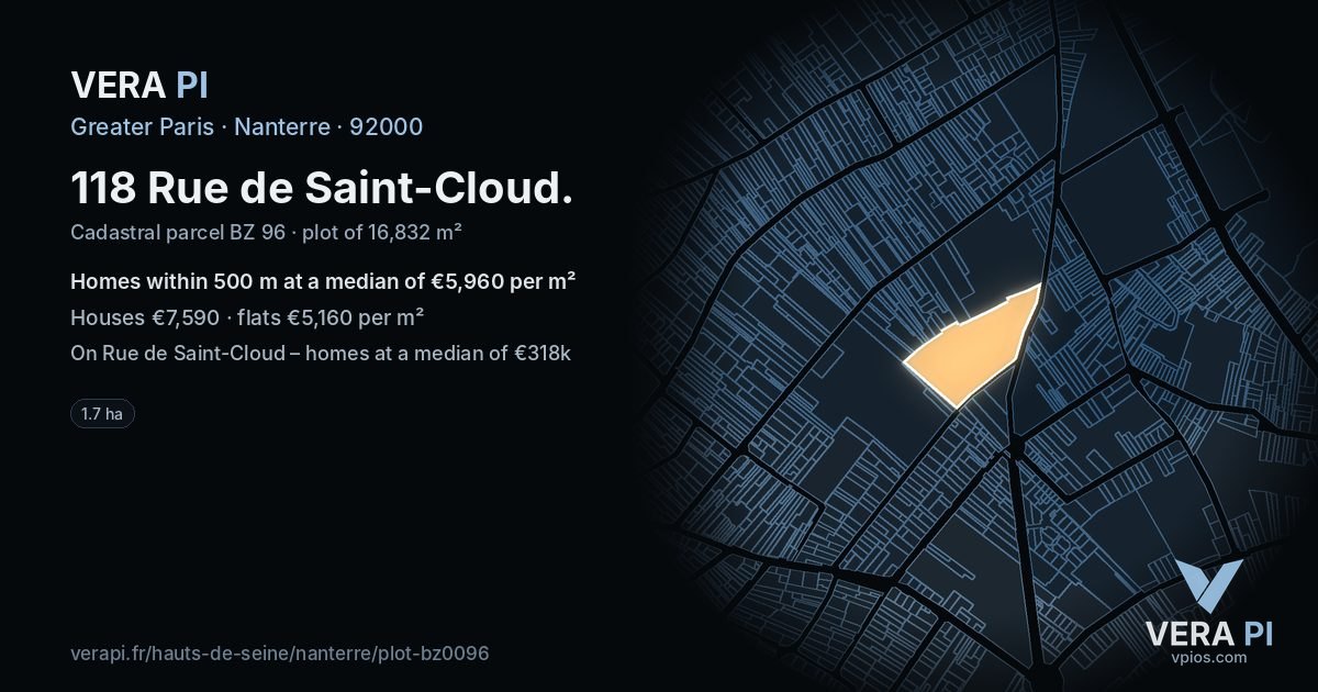118 Rue de Saint-Cloud, Nanterre at night – the plot lit, the parcels around coloured by the prices near them