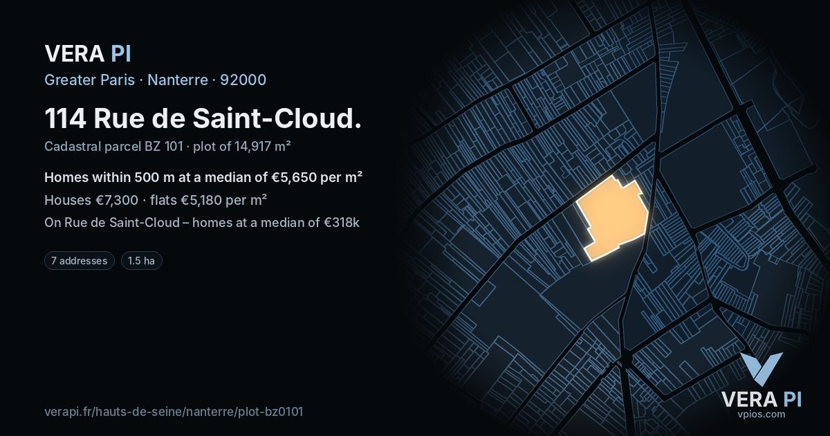 114 Rue de Saint-Cloud, Nanterre at night – the plot lit, the parcels around coloured by the prices near them
