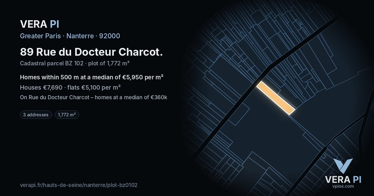 89 Rue du Docteur Charcot, Nanterre at night – the plot lit, the parcels around coloured by the prices near them