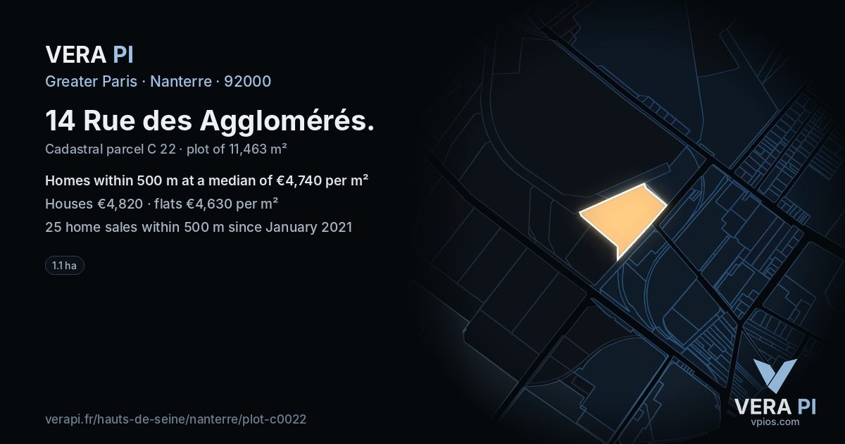 14 Rue des Agglomérés, Nanterre at night – the plot lit, the parcels around coloured by the prices near them