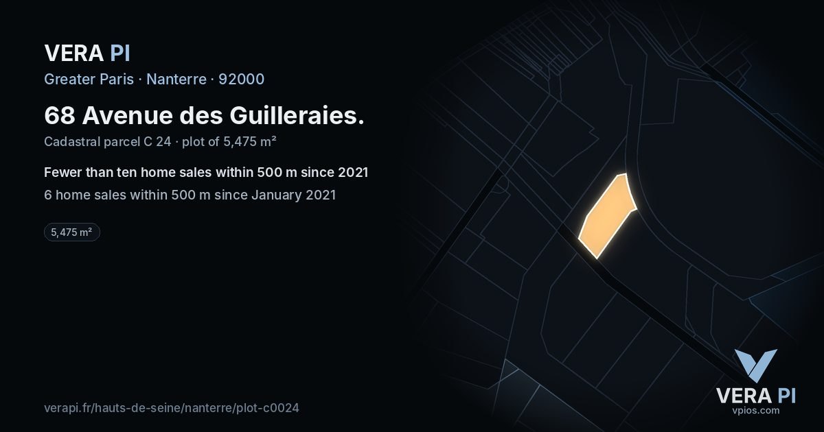 68 Avenue des Guilleraies, Nanterre at night – the plot lit, the parcels around coloured by the prices near them
