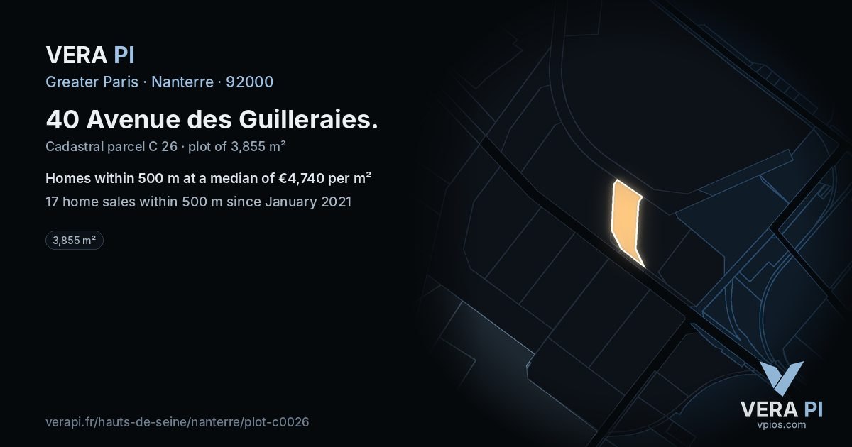 40 Avenue des Guilleraies, Nanterre at night – the plot lit, the parcels around coloured by the prices near them