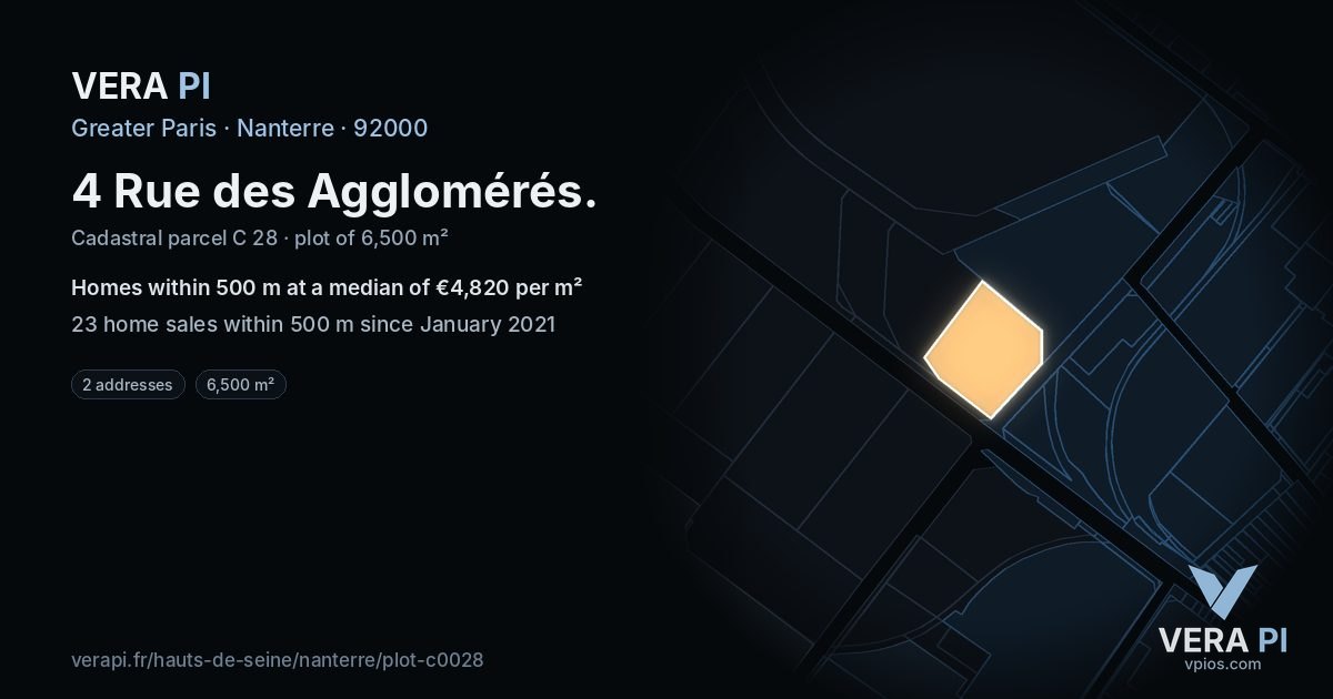4 Rue des Agglomérés, Nanterre at night – the plot lit, the parcels around coloured by the prices near them