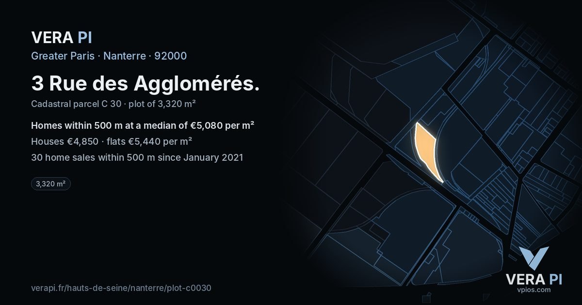 3 Rue des Agglomérés, Nanterre at night – the plot lit, the parcels around coloured by the prices near them