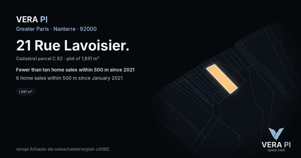 21 Rue Lavoisier, Nanterre at night – the plot lit, the parcels around coloured by the prices near them