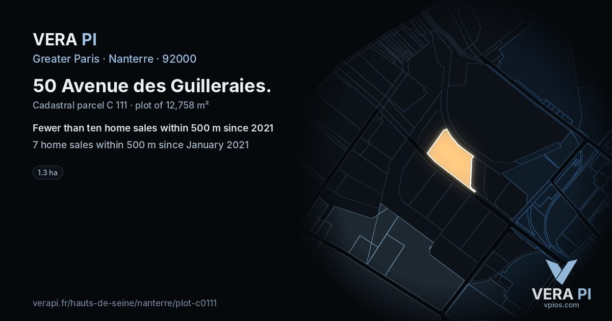 50 Avenue des Guilleraies, Nanterre at night – the plot lit, the parcels around coloured by the prices near them