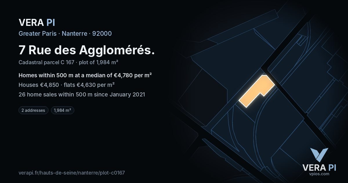 7 Rue des Agglomérés, Nanterre at night – the plot lit, the parcels around coloured by the prices near them