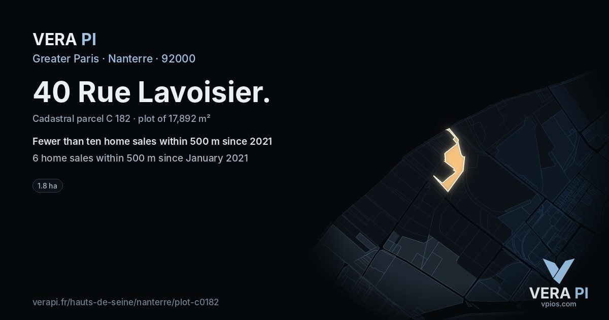 40 Rue Lavoisier, Nanterre at night – the plot lit, the parcels around coloured by the prices near them