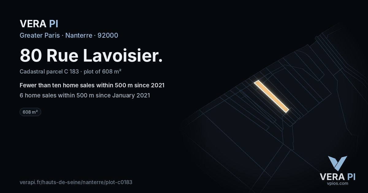 80 Rue Lavoisier, Nanterre at night – the plot lit, the parcels around coloured by the prices near them