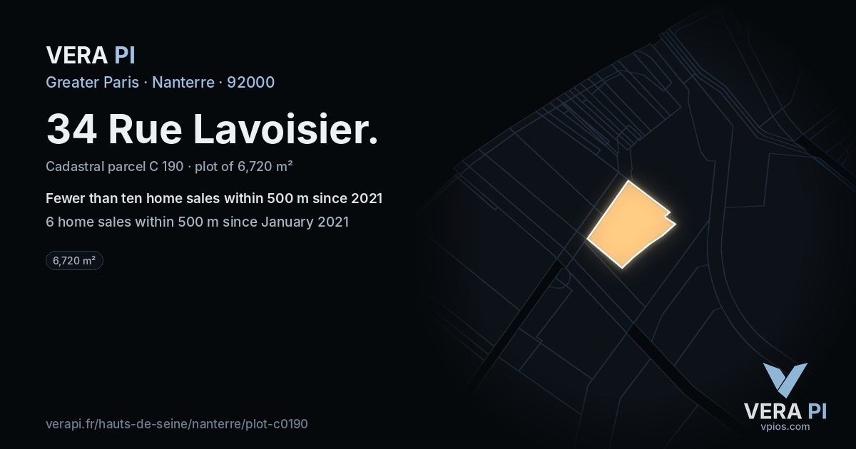 34 Rue Lavoisier, Nanterre at night – the plot lit, the parcels around coloured by the prices near them