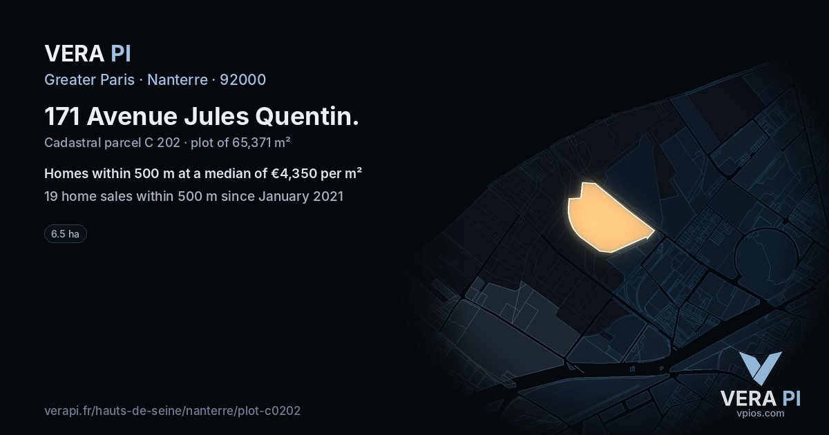 171 Avenue Jules Quentin, Nanterre at night – the plot lit, the parcels around coloured by the prices near them