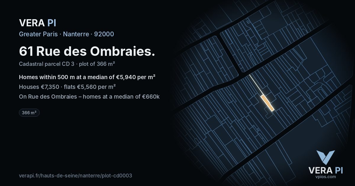61 Rue des Ombraies, Nanterre at night – the plot lit, the parcels around coloured by the prices near them