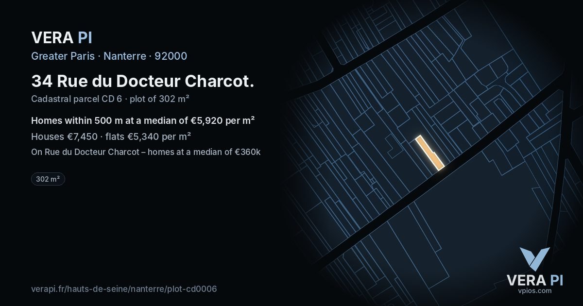 34 Rue du Docteur Charcot, Nanterre at night – the plot lit, the parcels around coloured by the prices near them