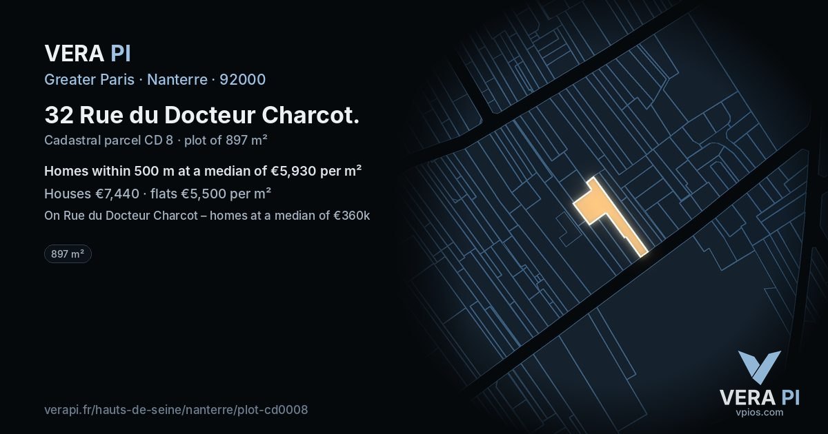 32 Rue du Docteur Charcot, Nanterre at night – the plot lit, the parcels around coloured by the prices near them