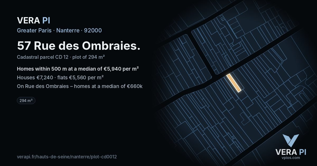 57 Rue des Ombraies, Nanterre at night – the plot lit, the parcels around coloured by the prices near them
