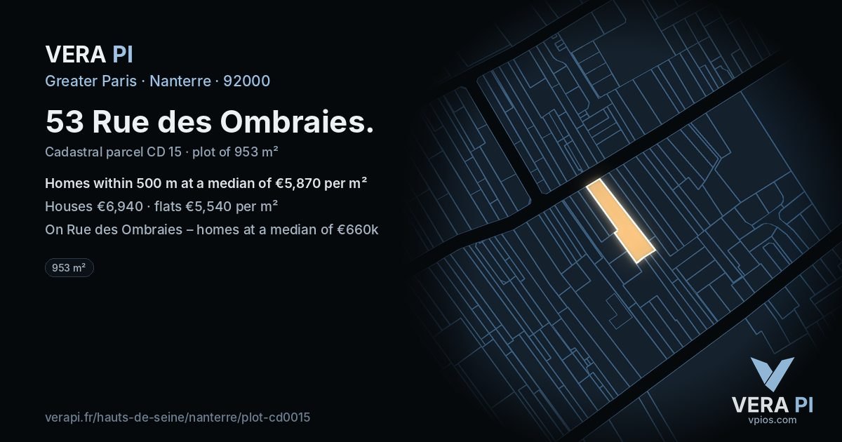 53 Rue des Ombraies, Nanterre at night – the plot lit, the parcels around coloured by the prices near them