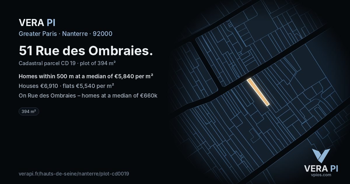 51 Rue des Ombraies, Nanterre at night – the plot lit, the parcels around coloured by the prices near them