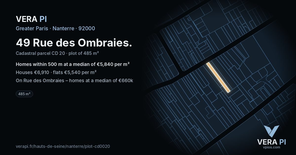 49 Rue des Ombraies, Nanterre at night – the plot lit, the parcels around coloured by the prices near them