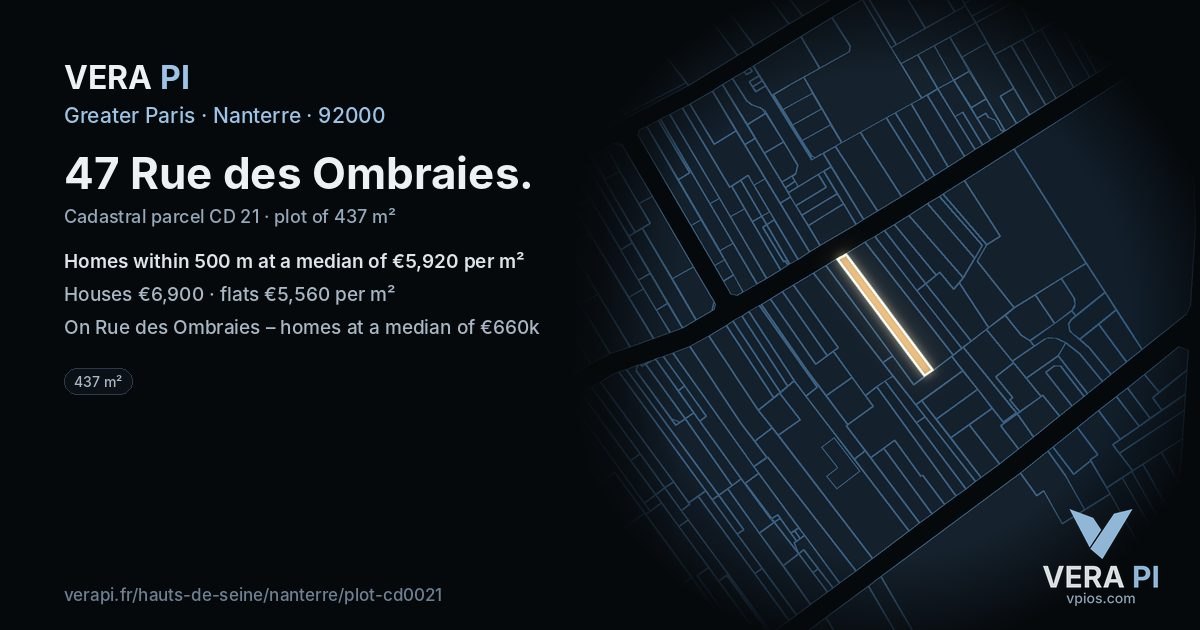 47 Rue des Ombraies, Nanterre at night – the plot lit, the parcels around coloured by the prices near them