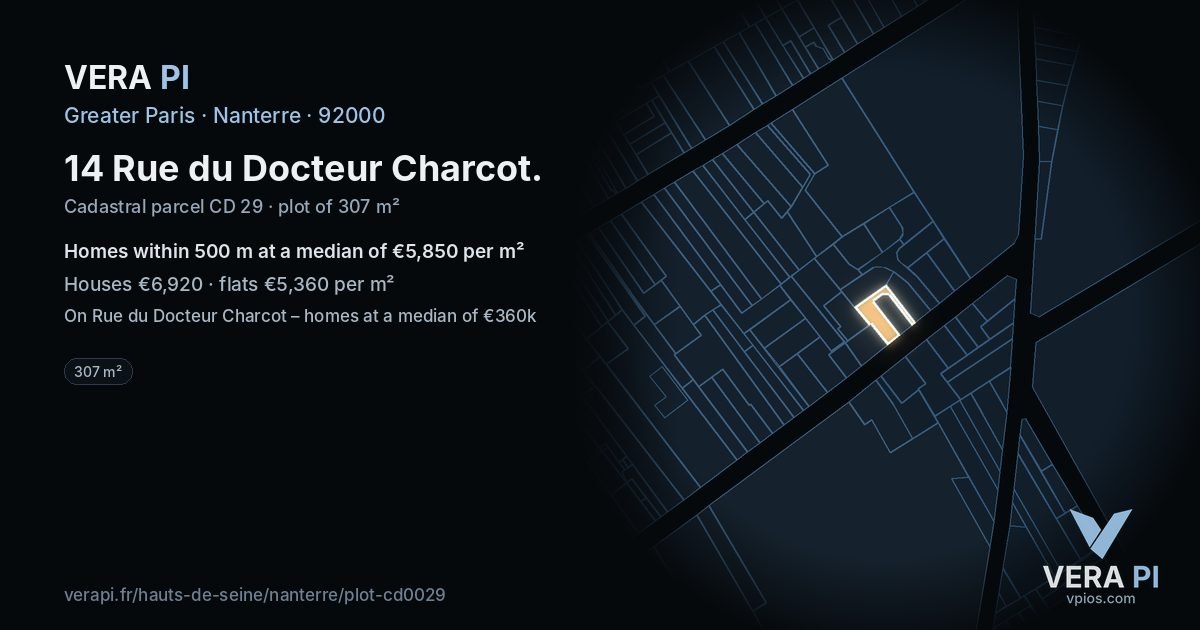 14 Rue du Docteur Charcot, Nanterre at night – the plot lit, the parcels around coloured by the prices near them