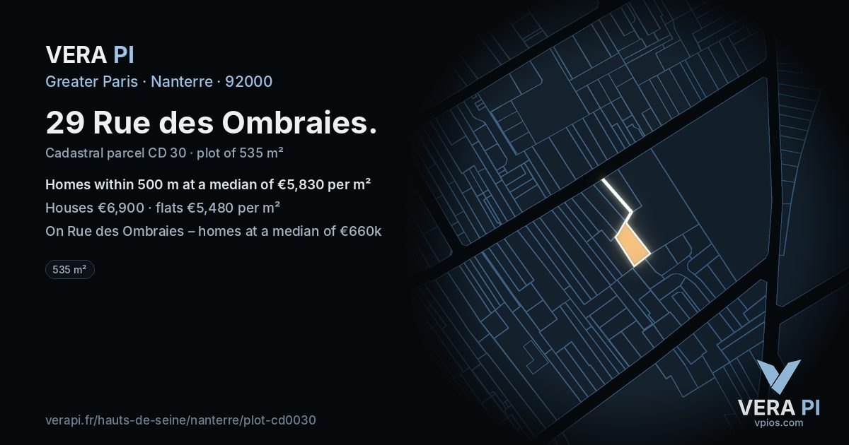 29 Rue des Ombraies, Nanterre at night – the plot lit, the parcels around coloured by the prices near them