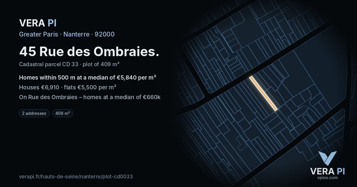 45 Rue des Ombraies, Nanterre at night – the plot lit, the parcels around coloured by the prices near them