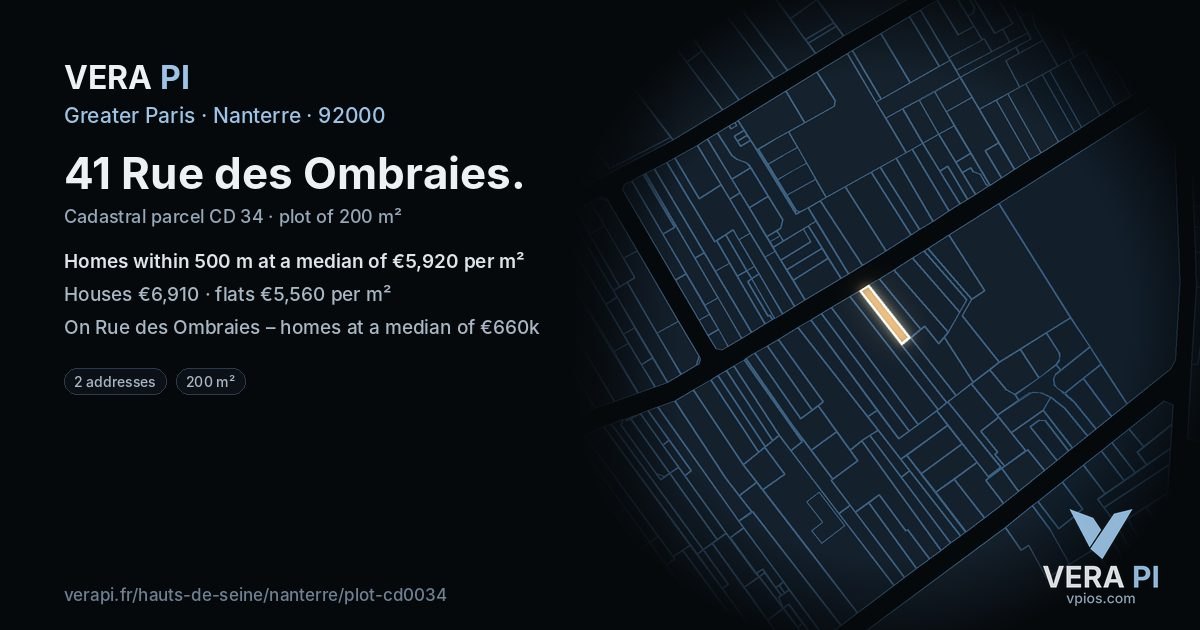41 Rue des Ombraies, Nanterre at night – the plot lit, the parcels around coloured by the prices near them