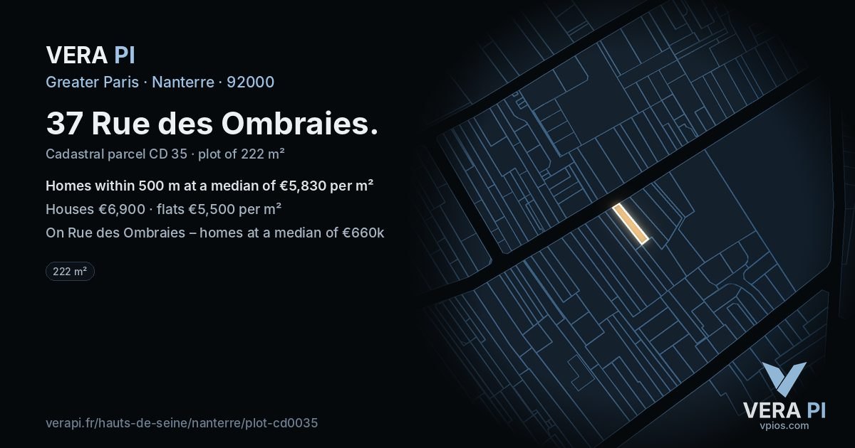 37 Rue des Ombraies, Nanterre at night – the plot lit, the parcels around coloured by the prices near them