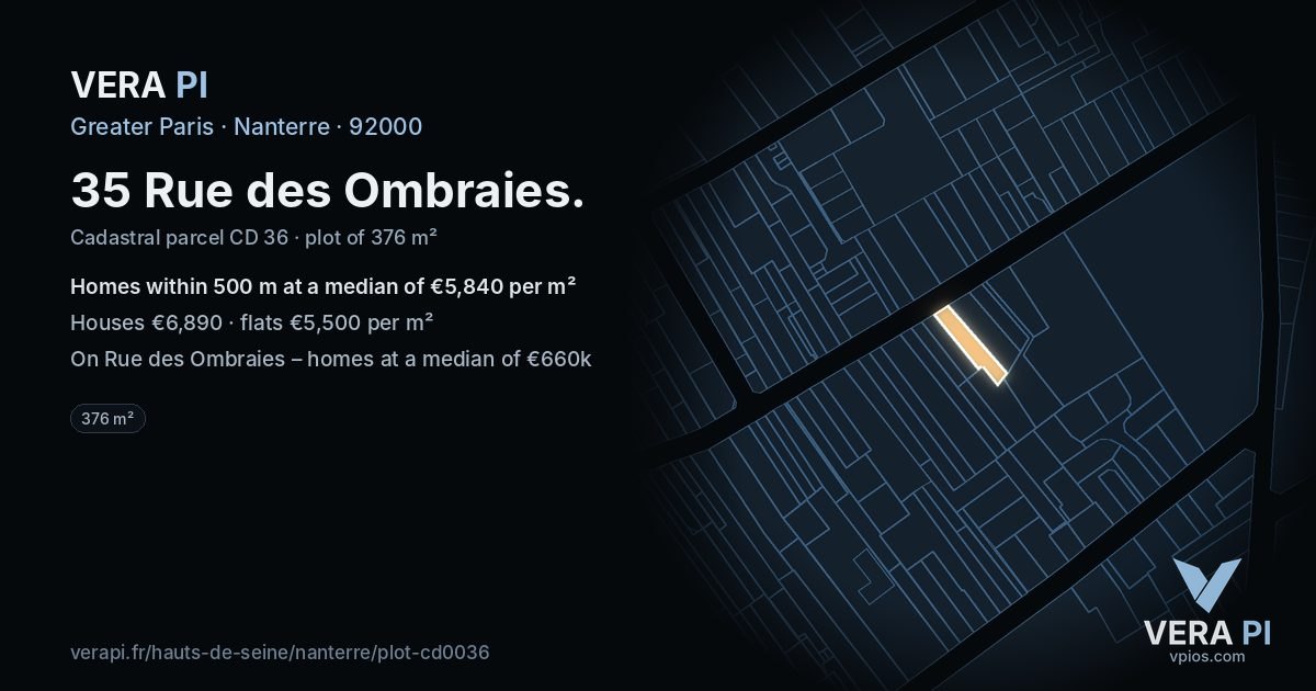 35 Rue des Ombraies, Nanterre at night – the plot lit, the parcels around coloured by the prices near them