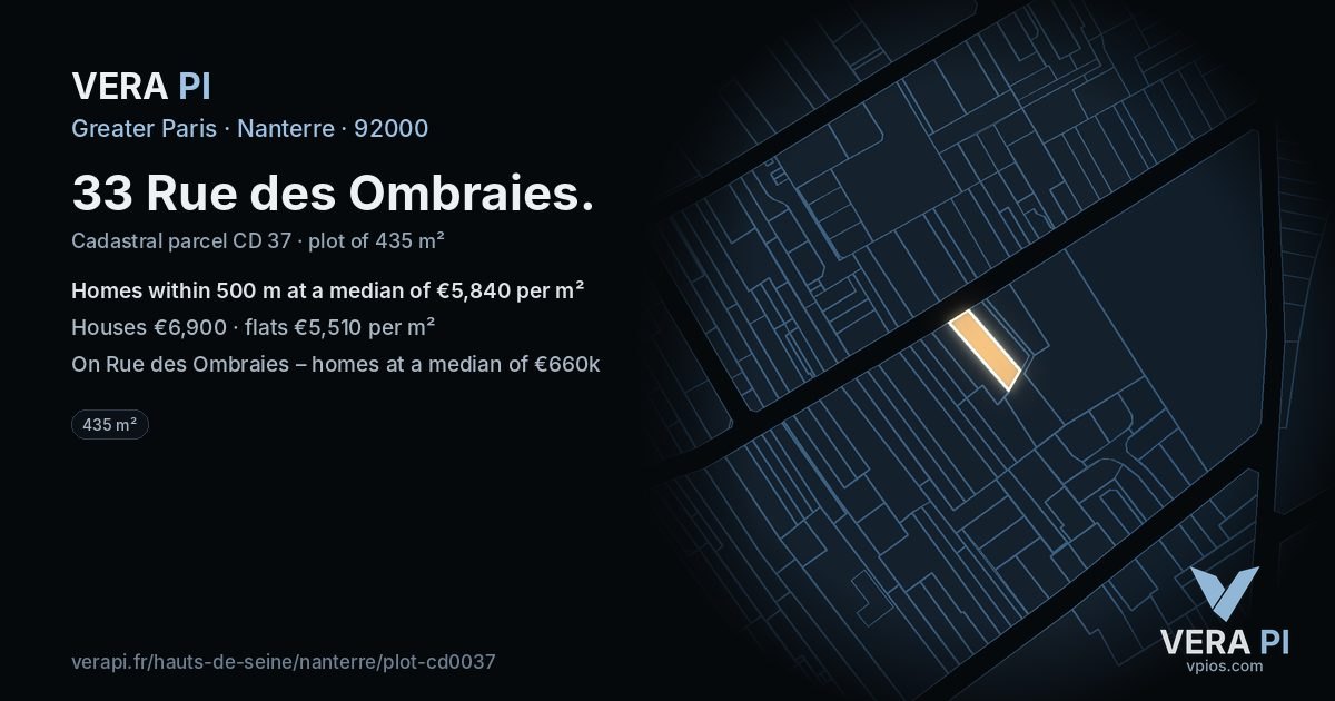 33 Rue des Ombraies, Nanterre at night – the plot lit, the parcels around coloured by the prices near them
