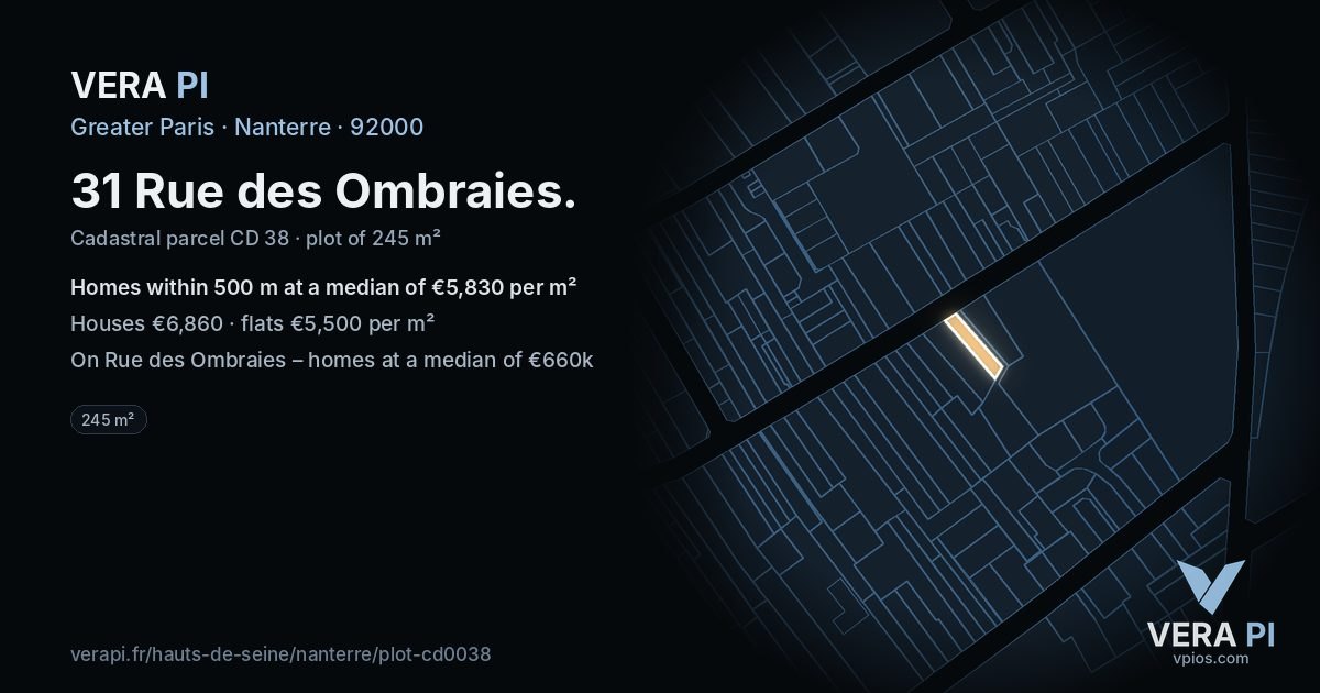 31 Rue des Ombraies, Nanterre at night – the plot lit, the parcels around coloured by the prices near them