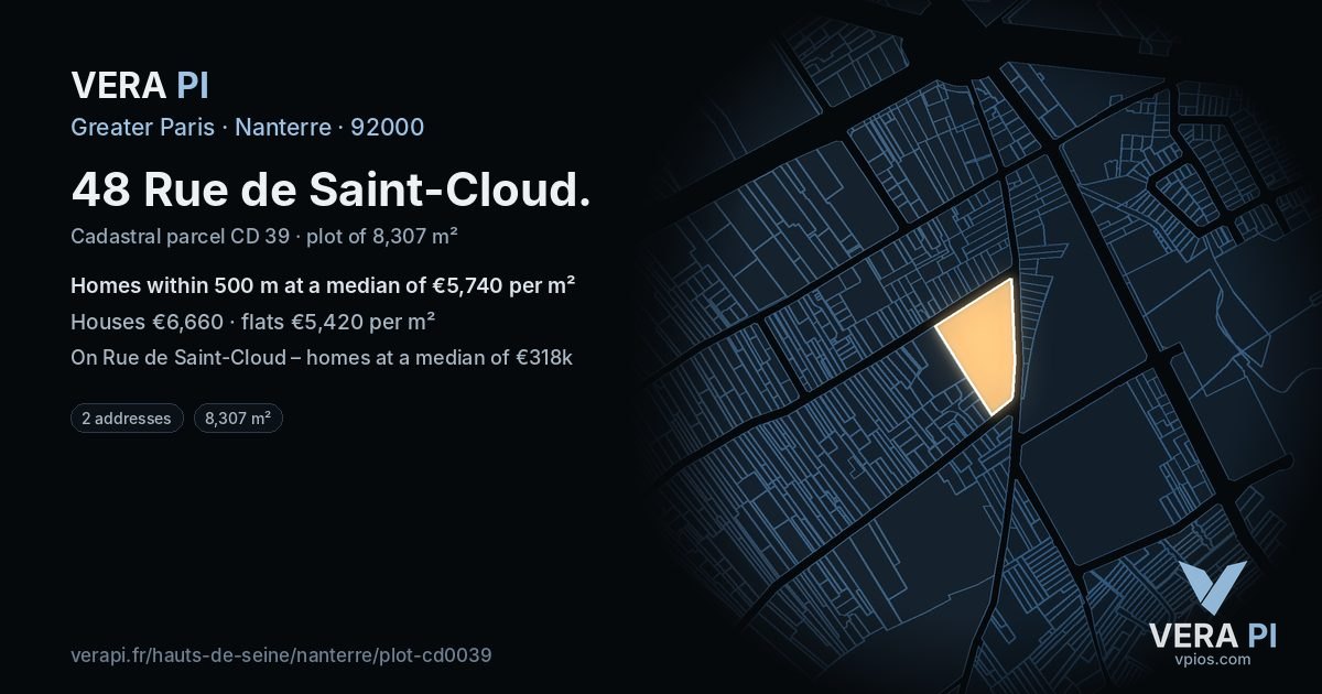 48 Rue de Saint-Cloud, Nanterre at night – the plot lit, the parcels around coloured by the prices near them