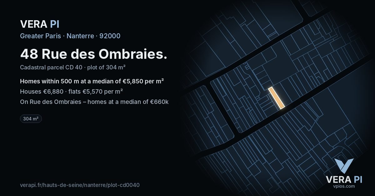 48 Rue des Ombraies, Nanterre at night – the plot lit, the parcels around coloured by the prices near them