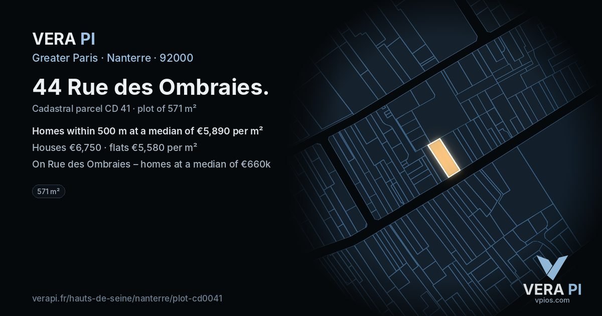 44 Rue des Ombraies, Nanterre at night – the plot lit, the parcels around coloured by the prices near them